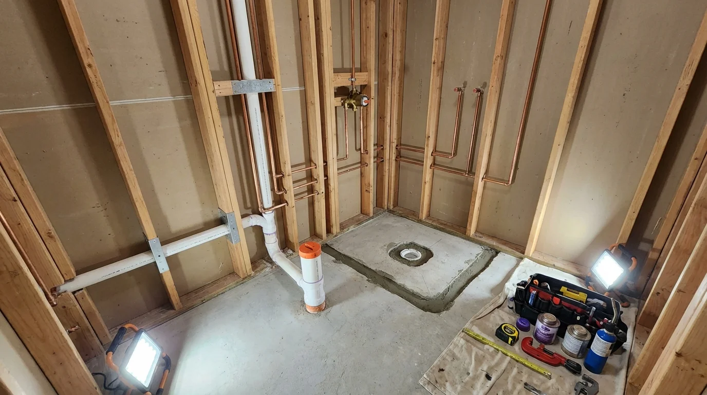 Bathroom rough-in plumbing during remodel by Johns Plumbing LLC in Chestertown