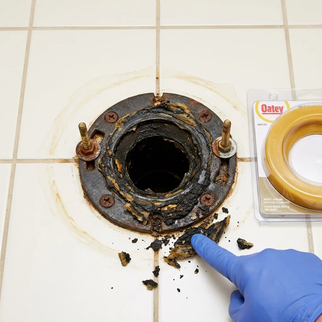 Failed wax ring showing water seepage at the base of a toilet in a Chestertown, MD home